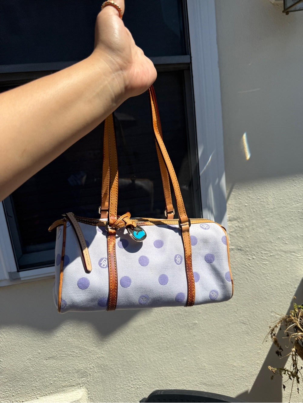 Dooney & Bourke Lavender Polka Dot Barrel Satchel with Tan Trim
